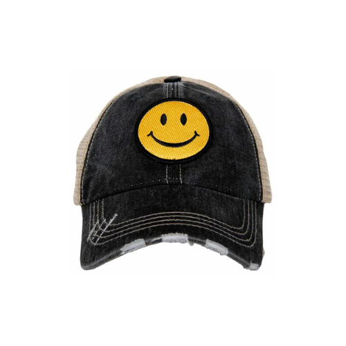 Yellow Happy Face Trucker Hat by Katydid with breathable mesh back.