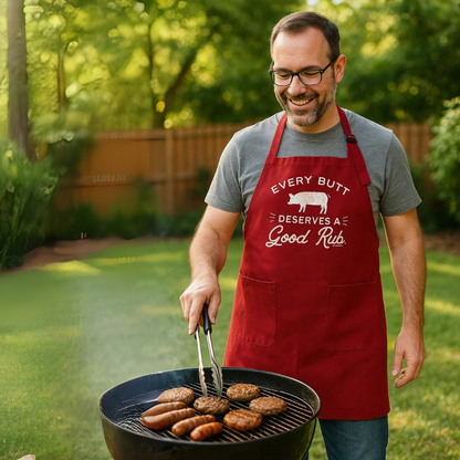 Every Butt Deserves A Good Rub Apron on a Man Grilling in the Backyard - Lone Star Roots