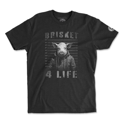 Black Brisket 4 Life T-Shirt featuring a humorous BBQ-inspired pig design