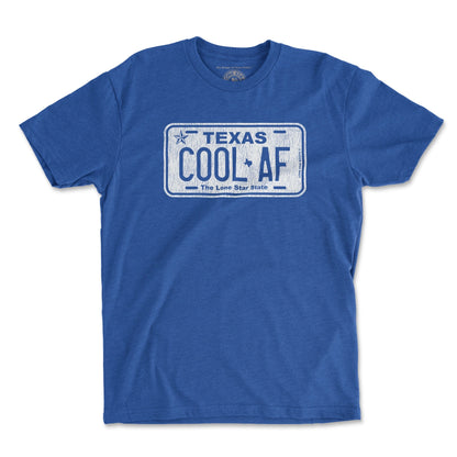 COOL-AF Texas T-shirt featuring a license plate design and bold Texas-inspired style.
