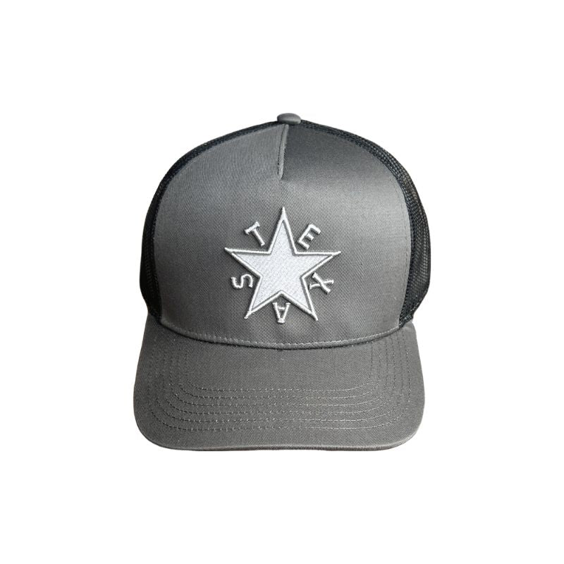 DeZavala Star Trucker Hat featuring iconic Texas starburst embroidery in sleek gray.