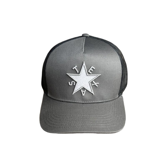 DeZavala Star Trucker Hat featuring iconic Texas starburst embroidery in sleek gray.