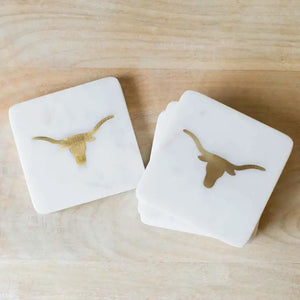 Longhorn Marble Coasters White/Brass Set of 4