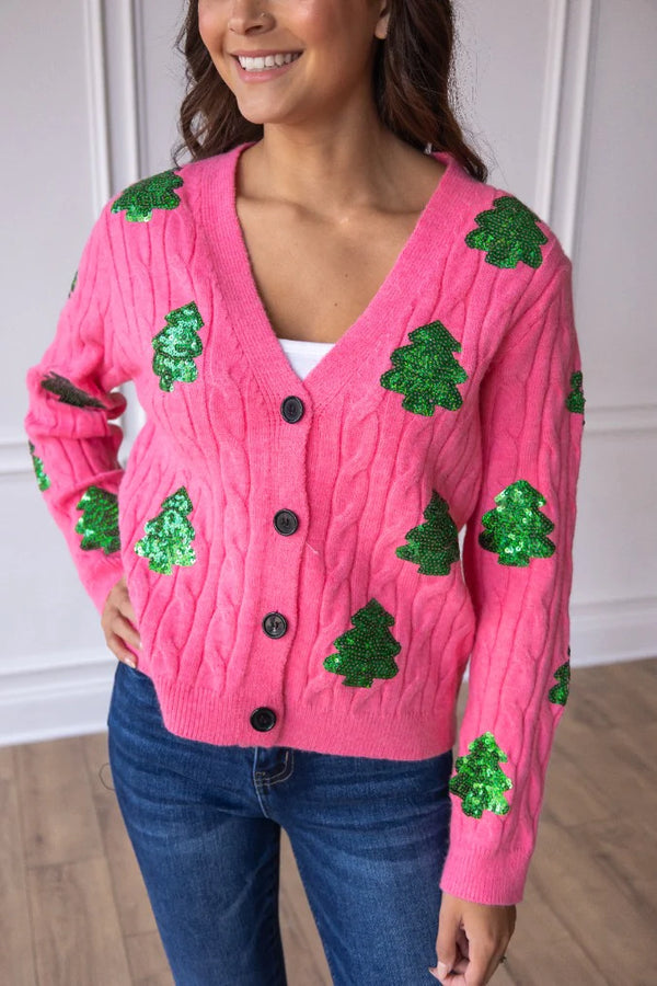 Pink Cardigan with Sequin Christmas Trees