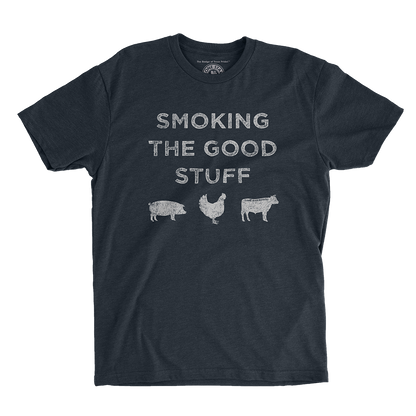 Smoking the Good Stuff T-Shirt featuring a chicken, pig, and cow with a Texas BBQ-themed design.