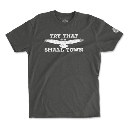 Try That in a Small Town T-Shirt featuring a bold eagle design on a charcoal background