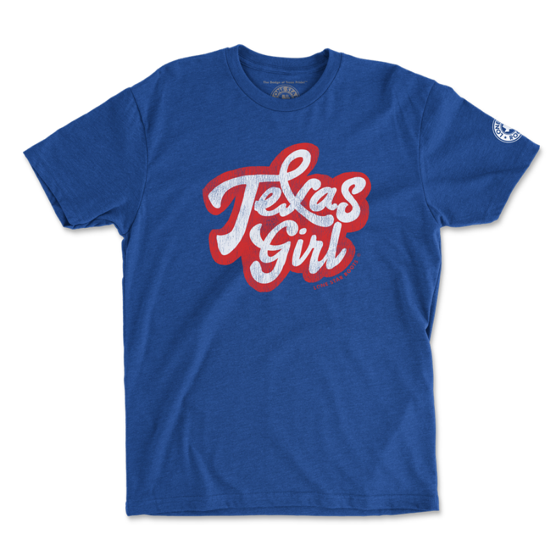 Texas Girl T-Shirt in ice blue with sticker-style print for a bold Texas charm.