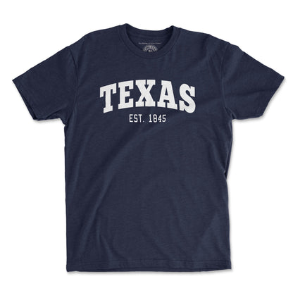Texas Est 1845 T-Shirt featuring a vintage collegiate design on a Next Level 6210 unisex crew tee, celebrating Texas statehood.