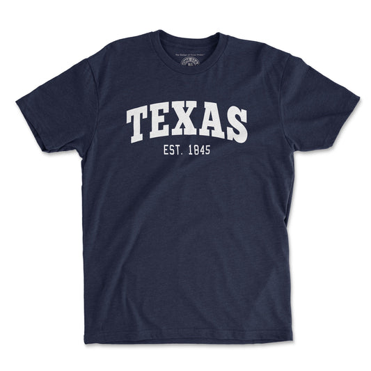 Texas Est 1845 T-Shirt featuring a vintage collegiate design on a Next Level 6210 unisex crew tee, celebrating Texas statehood.