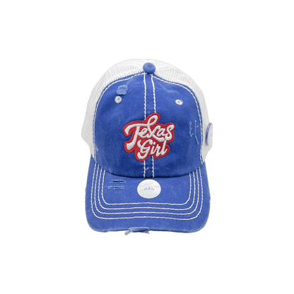 Texas Girl Sticker Hat in Multiple Styles – Sizzlin' Pink, Tie-Dye Blue, Sky Navy, and Texas Sky Blue
