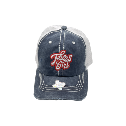 Texas Girl Sticker Hat in Multiple Styles – Sizzlin' Pink, Tie-Dye Blue, Sky Navy, and Texas Sky Blue