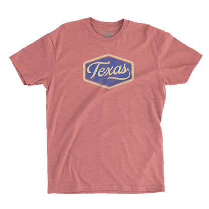 Texas Hex Patch T-Shirt with vintage blue hex patch design and "Texas" script font.