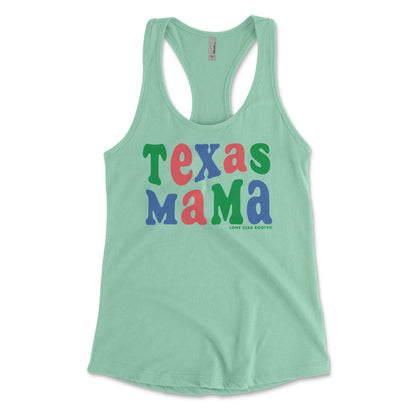 Texas Mama Fiesta Wave Tank in mint green with colorful wave font design.