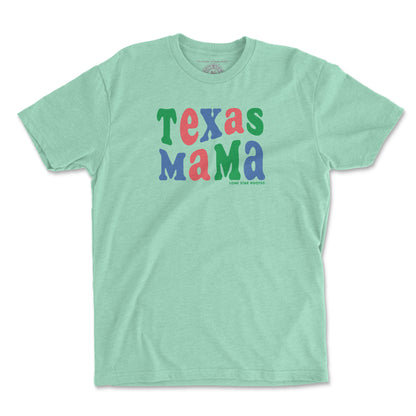 Texas Mama Fiesta Wave T-Shirt in mint green with colorful wave font.