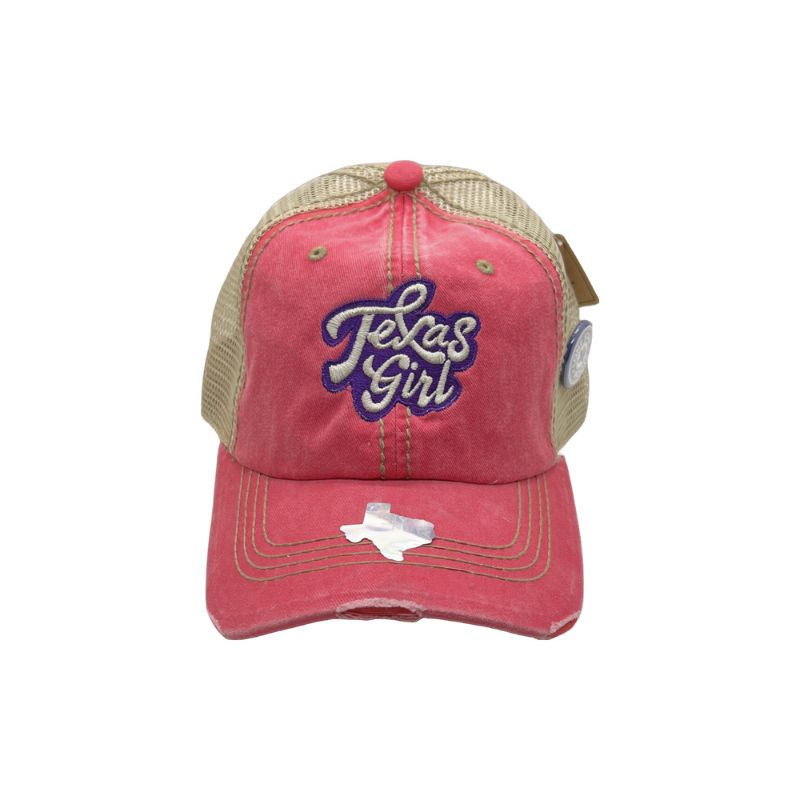 Texas Girl Sticker Hat in Multiple Styles – Sizzlin' Pink, Tie-Dye Blue, Sky Navy, and Texas Sky Blue