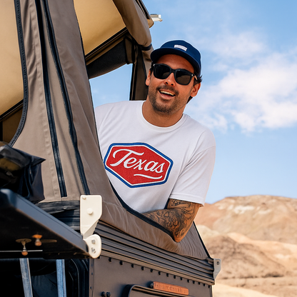 Man having a summer outdoor adventure wearing the Texas Patriotic Hex Patch T-Shirt by Lone Star Roots