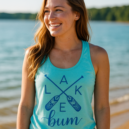 Lake Bum Tank Top on Woman at the Lake in Texas by Lone Star Roots