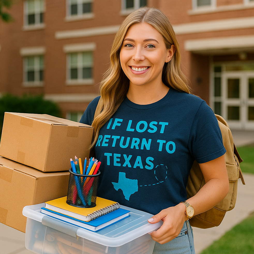 If Lost Return to Texas T-Shirt featuring a Texas design and dotted path.