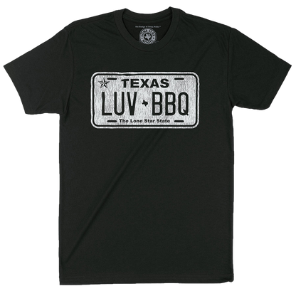 LUV BBQ Texas License Plate T-Shirt featuring a bold BBQ design inspired by a Texas license plate.