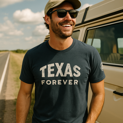 Man on summer road trip wearing Texas Forever T-Shirt by Lone Star Roots