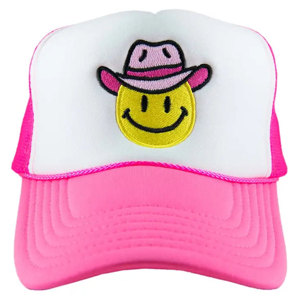 Cowboy Hat Happy Face Distressed Trucker Hat