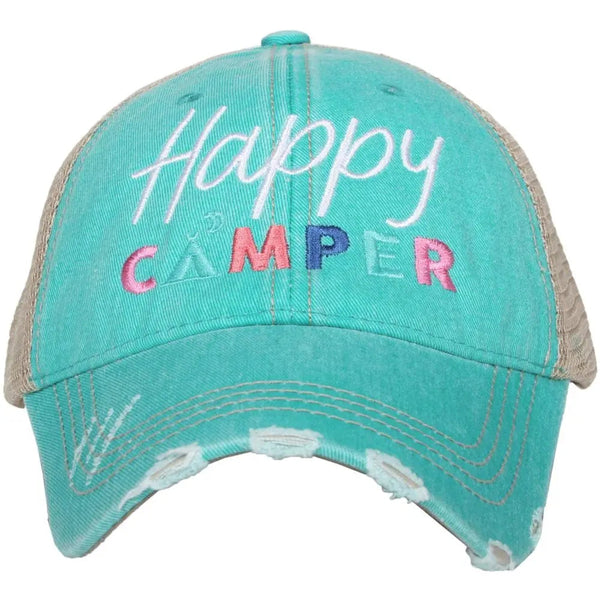 Lone Star Roots Happy Camper Distressed Trucker Hat Hats Teal 