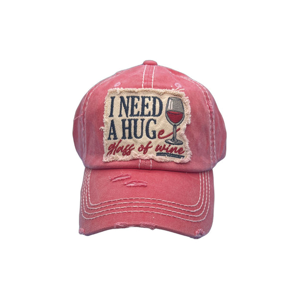 Lone Star Roots I Need a Hug/e Glass of Wine Distressed Hat Hats 