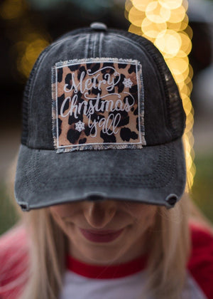 Lone Star Roots Merry Christmas Y'All Patch Distressed Hat Hats Black Mesh w/Leopard Patch 