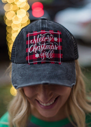 Lone Star Roots Merry Christmas Y'All Patch Distressed Hat Hats Black Mesh/Buffalo Plaid 
